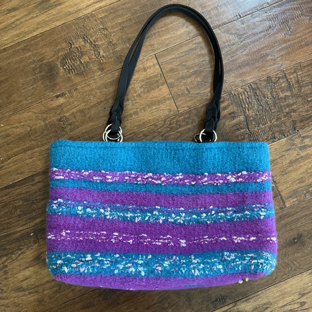 Handmade Felted Wool Purple Teal Double Handle Boho Tote Handbag Purse Laptop